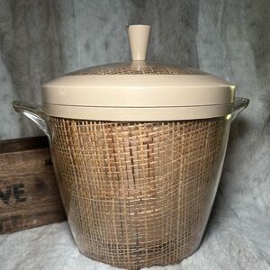 Vintage Raffiaware Rattan Ice Bucket Burlap Insulated MCM Tan Beige